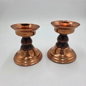 Vintage Coppercraft Guild Copper and Wood Candle Holders Pair Taunton Mass MCM